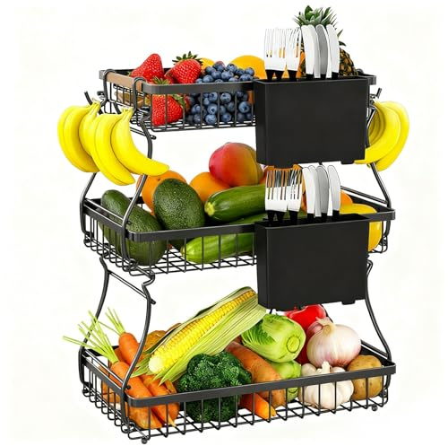 Polegas Corbeille à fruits à 3 étages avec 2 porte-bananes et 2 porte-couteaux, grand présentoir à fruits, en métal, pour le stockage des fruits, des légumes, du pain (noir)