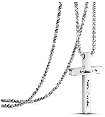 JSDDE Collier Croix Personnalisé Prénom Initiales Texte en Acier Inoxydable Collier Pendentif Croix Crucifix Gravure Nom Personnalisable pour Homme Femme Colliers Prière Chaîne Boîte Amulette (Argent)