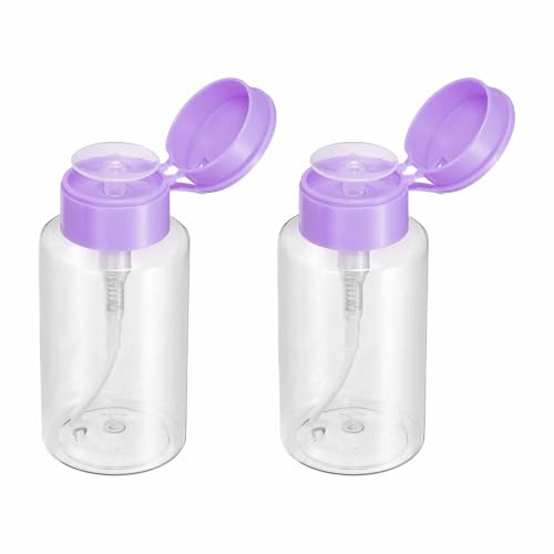 HARFINGTON 2pcs Push Down Pump Dispenser 7OZ (200ML) Plastic Nail Polish Remover Pumping Empty Bottle with Flat Flip Cap for Makeup Remover Alcohol Facial Toner, Purple
