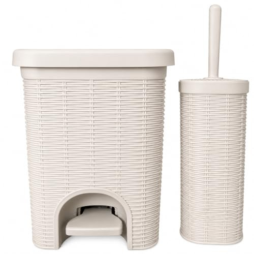 Rattan Style Bathroom Bin Set with Toilet Brush Holder – Pedal Trash Can with Removable Inner Bucket, Wicker Effect Plastic Waste Bin Set for Bathroom, Toilet & Laundry Room (BEIGE)