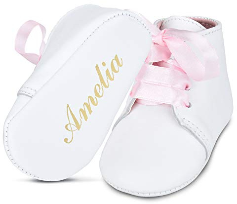 BabyShoe Personalized Baby Girl Christening Shoes – Baptism Gender Reveal Soft Newborn Pink Lace Up with Hand Embossed Name & Date - Special Occasion Church Shoes - Great for Gifts