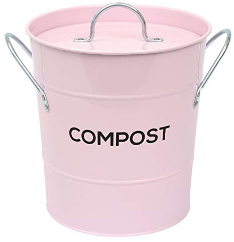Pale/Light Pink Metal Kitchen Compost Caddy - Pastel Pink Composting Food Bin for Food Waste Recycling with Composting Guide