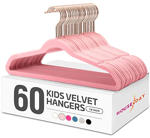 HOUSE DAY Velvet Kids Hangers 60 Pack, Premium Childrens Hangers for Closet, Ultra Thin Cute Clothes Hanger, Non Slip Small Felt Hanger 14 Inch for Kids Clothes, Blush Pink