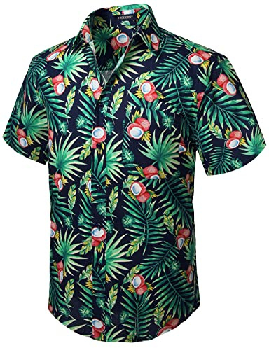 HISDERN Men Funky Hawaiian Coconut Shirts Short Sleeve Front Pocket Holiday Summer Aloha Printed Beach Casual Navy Blue Green Hawaii Shirt 2XL