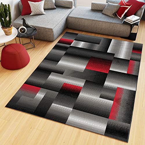 TAPISO Maya Kollektion Teppich Kurzflor Modern Vierecke Streifen Design Schwarz Grau Rot Weiß Meliert Verwischt Wohnzimmer Schlafzimmer ÖKOTEX 130 x 190 cm