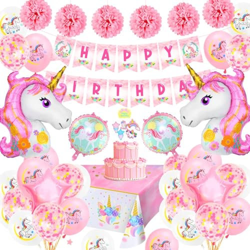 Einhorn Geburtstagsdeko Mädchen, Rosa Kindergeburtstag Set mit 3D Einhorn Folie Ballons Confetti Luftballons Tablecloth Pompoms Banner, Einhorn Party Geburtstag für Baby Shower 1 2 3 4 5 6 7 Jahre