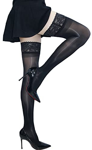 GOCBOBO Women's Oily Glossy Thigh High Hold Ups - Sheer Silky Anti-Skid Silicone Lace Stockings 8 Denier Black