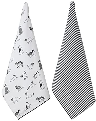Penguin Home Set of 2 Recycled cotton Tea Towels, Eco Friendly Sustainable Plain Woven & Printed Kitchen Towels with pompom lace Size - 50x70 cm Colour - White,Grey & Black Dish Towels