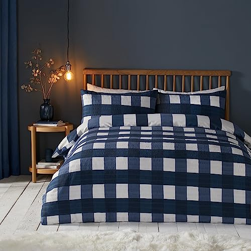 Fusion Snug – Seersucker Gingham Check – borstat påslakanset – dubbelsäng i marinblå