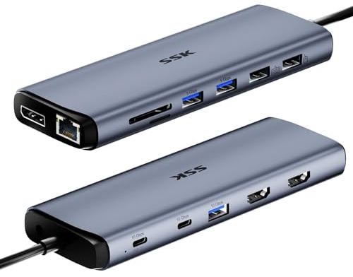 SSK 8K Thunderbolt 4 Dock, MacBook Dockingstation 3 Monitore, 10 Gbit/s USB C Hub Dual HDMI, Displayport, Ethernet, 100 W PD, Mikrofon/Audio, USB C&A 3.2 Gen 2 Ports für iPhone 15/Mac/Laptops