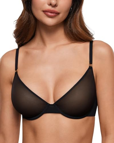 INLYRIC Women's Cosnufy Sheer Bra Unlined Plunge | Underwire, Mesh, Demi, See Through, Sexy Bras