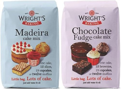 Wright's Baking Cake Mix Selection Pack Chocolate Fudge & Madeira (One of Each 500g Pack) | can be used to bake light & moist cakes, slices, muffins or cupcakes