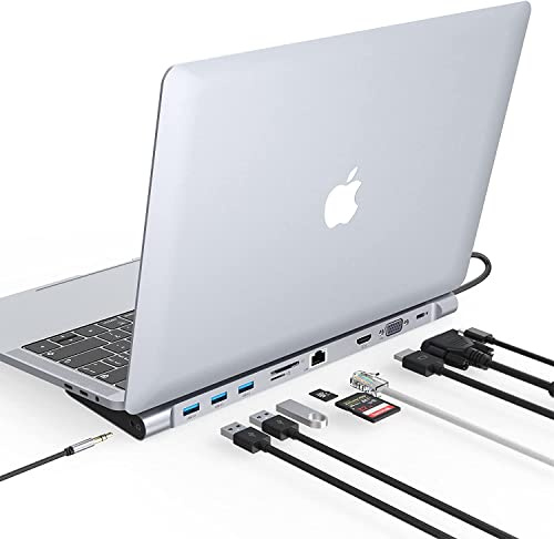 Hub USB C, 10 en 1 Station d'accueil USB-C pour Ordinateur Portable Dock pour Macbook et Windows(HDMI 4K, VGA, PD 100W, Ethernet, SD/TF Card Slot, 2 Ports USB, 3.5mm Audio)
