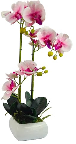 Tecnokit Piante Finte Interno, Orchidea artificiale, con vaso incluso, pianta finta, materiale plastico realistico al tatto, adatto per tutti gli ambienti (CM 40 BIANCA/FUCSIA)
