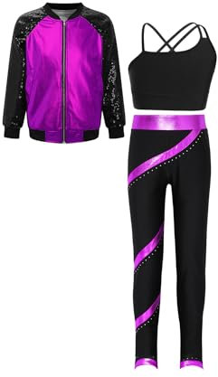 HULIJA Mädchen Sportsanzug Glitzer Sweatjacke mit Pailletten + Tank Top + Leggings mit Strass Eiskunstlauf Kleidung Set Hip Hop Jazz Lila 122-128