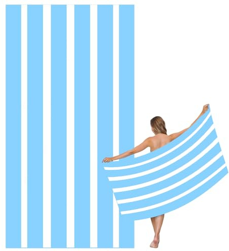 Large Quick Dry Microfibre Beach Bath Towel,Double Sides Light Blue White Striped Sand Free Beach Towel with Bag,Lightweight Gym Yoga Sports Towel,Compact Travel Summer Beach Towel for Women Men