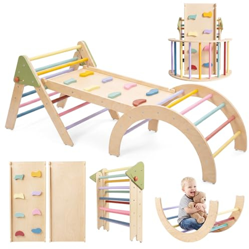 3in1 Pikler Triangle Set, Pikler Triangle Climbing Toys Set for Toddlers, Wooden Toddler Climbing Toys Indoor Playground, Foldable Montessori Climbing Set with Arch&Ramp&Ladder, Jungle Gym for Kids