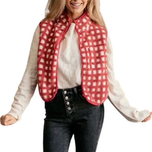 EEJBYTDI Women's Checkered Polar Fleece Vest Sleeveless Cardigan High Collared Zip Up Women's Checkered Sherpa Vest (Medium,Red)