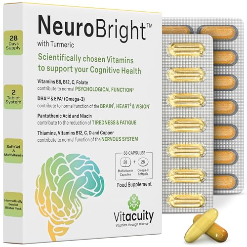 NeuroBright with Turmeric – Brain Supplement : Strong Omega-3 Softgel + High Dose B-Complex, C, D & E Multivitamin with Zinc and Copper All for Memory and Focus -56 caps