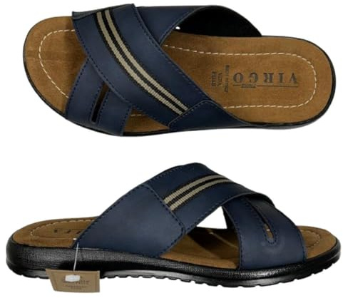 VIRGO FIRENZE Ciabatte Uomo Classiche a Fasce Incrociate, Pantofole Aperte Made in Italy Plantare Vera Pelle, blue, 42
