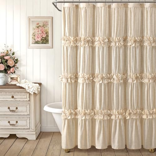 NDDYCU Cortina de ducha con volantes con bonito lazo vintage y lino natural, cortina de ducha para baño, casa de campo, color marrón, 72 pulgadas de ancho x 78 pulgadas