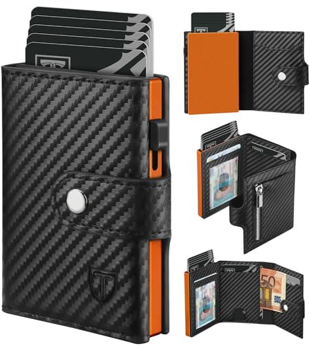 Tomylv Geldbörse Herren - Portmonee Herren mit Münzfach & RFID Schutz, 9 Kartenetui Klein, ID-Fenster, Geldscheinfach, Geldbeutel Kreditkarten Slim Wallet - Schwarz Orange