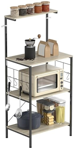 HOMCOM Scaffale da Cucina a 4 Livelli, Mobile per Microonde con Pannelli a Rete e 8 Ganci, Mobiletto da Cucina in Stile Industriale, 60x42x134.5 cm, Rovere