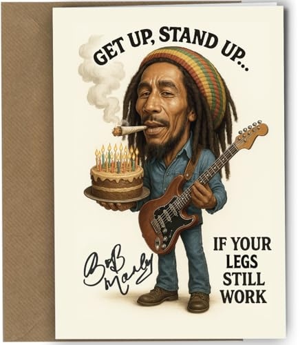 Birthday Card – Funny Bob Marley Caricature with Reproduction Printed Autograph | Reggae Music Memorabilia, Unique Present for Marley Fans and Collectors No1953