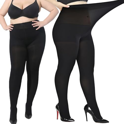 LXEASYGO 2 Pairs 70 Denier Plus Size Tights for Women Stretch Opaque High Waist Control Top Women’s Pantyhose