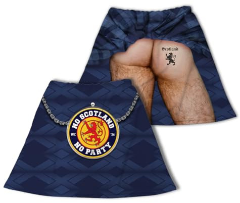 BRITISH MADE GIFTS Novelty Kilt, Navy Blue Pattern, No Scotland No Party World Cup 2026, Polyester with Sporran Badge and Metal Chain Design (Exposed Bottom)