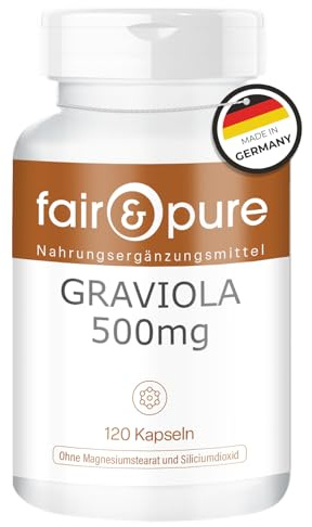 Fair & Pure® - Graviola 500mg - Extracto de Fruta Graviola - Polvo encapsulado - Guanábana - Vegano - Alta pureza - 120 Cápsulas