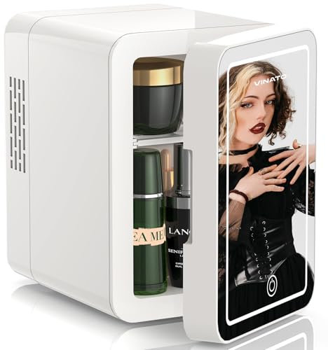 VINATO Mini Kosmetik Kühlschrank, 4L Mini-Kühlschrank mit LED Spiegel, 220 V AC/12 V DC Kleiner Hautpflege Kühlschrank mit Kühl-/Heizfunktion, für Autos Büro Schlafzimmer Schlafsäle