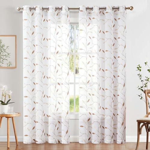 TOPICK Sheer Vorhang Voile Gardinen mit Ösen Blätter Stickerei Transparent Ösenschal Gaze Paarig Ösenschals Blatt für Wohnzimmer Schlafzimmer Stores 2er Set Gold auf Weiß H225 x B140 (cm)