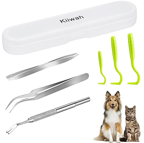 Kiiwah 6er Edelstahl Zeckenhaken Zeckenzange Zeckenpinzette für Hunde Katze Mensch Kinder Zeckenentferner Set mit Aufbewahrungsbox