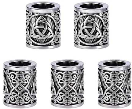 Yahpetes Hair Beard Bead 5 Pcs Celtics Knots Triquetra Viking Beads 0.59X0.47 Viking Rune Beards Silver Norse Rings Large Viking Metal Beads (5)