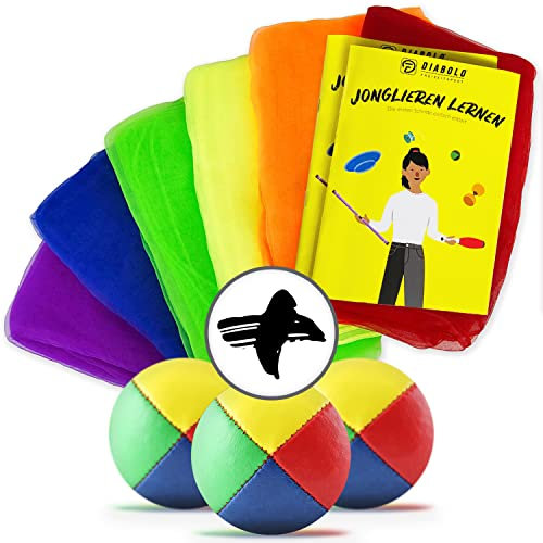 Diabolo Freizeitsport ideales Jonglierset für Anfänger - 3 Profi Jonglierbälle, 6 Bunte Jongliertücher & Anleitung - für Kinder und Erwachsene