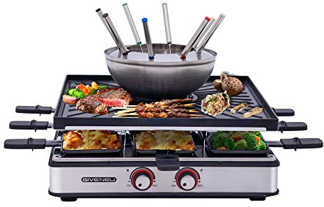 GIVENEU Electric Fondue Pot Set, 600 ml Fondue Pot with Grill Plate, 8 Colour-Coded Forks, 8 Non-Stick Pans, Dual Thermostat Fondue Grill Combination for Chocolate, Cheese, Grilling