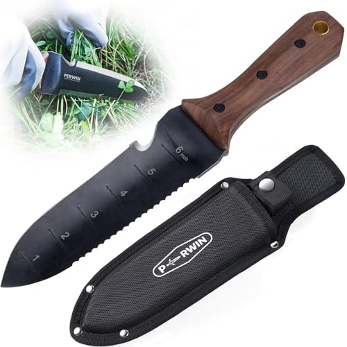 PERWIN Hori Hori Garden Knife, Garden Tools with Sheath for Weeding, Planting, Digging, 7 Stainless Steel Blade with Cutting Edge, Full-Tang Wood Handle with Hanging Hole