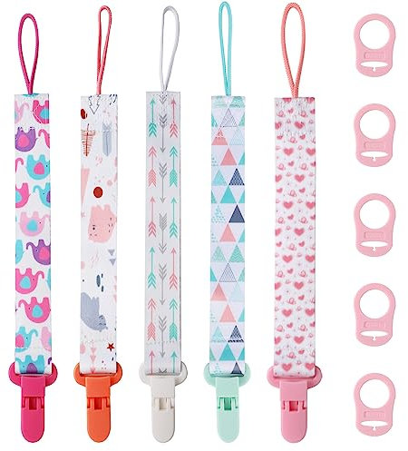 Schnullerkette Mädchen, 5er Baby Schnullerband Stoff mit 5er Silikonring, Schnullerketten mit Clips, Personalisiert Nuckelketten für Schnur Lätzchen Dreieckstuch Schnuller (Rosa)