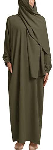 OBEEII Damen Muslime Kleid Islamische Kleidung - EIN Stück Einfarbiges Hijab-Muslimisch Robe Islamische Roben Dubai Türkisches Katfan Kleid fur Ramadan Beten Party Militärgrün M