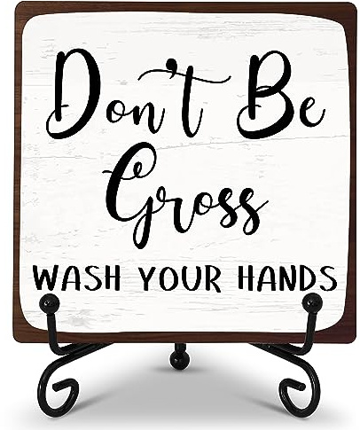 Bathroom Desk Decor Sign, Don't Be Gross Wash Your Hands, Rustic Wooden Plaque Sign With Iron Stand, Farmhouse Home Office Restroom Desk Shelf Decorations -14