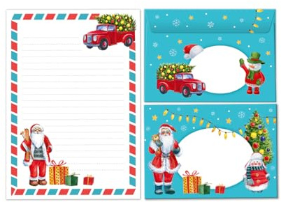 Julbrevpapper för barn, julbrevpapper, brevpappersset, jultomte som brevblock med kuvert för barn flickor pojkar (lock A5 med 25 ark + 15 kuvert)