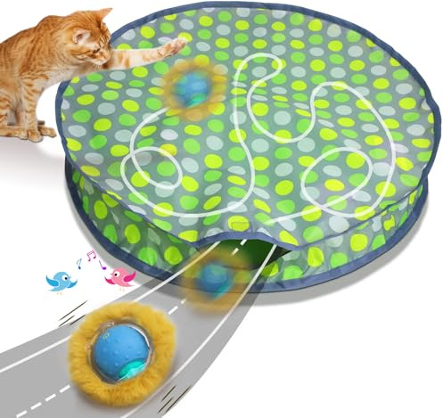 Giociv Interactive Cat Toys Ball Fast Rolling in Pouch, Motion Activate Chirping Cat Toy Hide and Seek Mouse Catching Game (Green Polka dot)