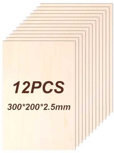 Philorn Fogli di legno di tiglio, 30,5 x 20,3 x 0,3 cm, confezione da 12 fogli di compensato da 2,5 mm non finiti per taglio e incisione laser, artigianato, modelli architettonici, combustione del
