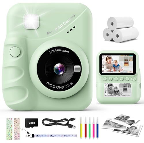 CalineGam Instant Camera Children, 3,0 tums skärm 48 MP barnkamera Instant Camera med 32 GB-kort, 1080P HD-kamera Barn Instant Print, present för 3-12 pojkar och flickor (grön)