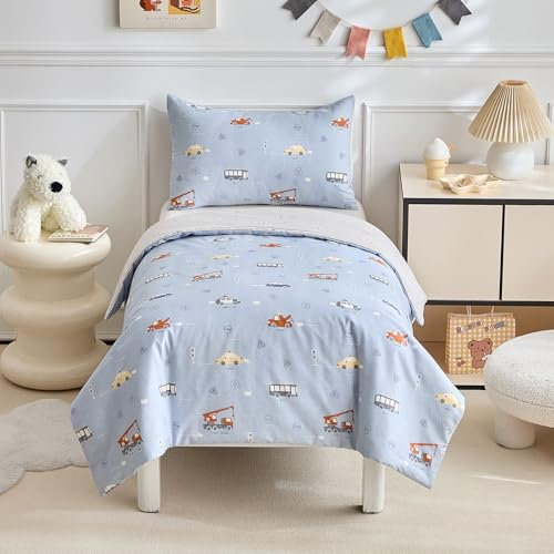 DuShow Cotton Toddler Duvet And Pillowcase Set,Blue Car Cot Bed Duvet Cover Set For Boys,Reversible Junior Toddler Bedding Set,Car-120 x 150 cm