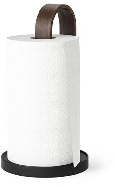 Umbra Bellwood Küchenrollenhalter stehend, Küchenpapierhalter für Arbeitsplatte, mit Echtholzständer und beschwertem Metallsockel, Schwarz/Walnuss
