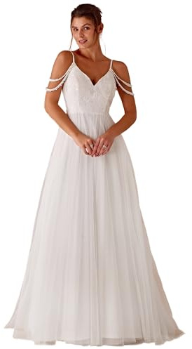 Ever-Pretty Vestidos de Novia Boda Civil Baratos Blanco Largo Bordado Cuello en V Blanco 38