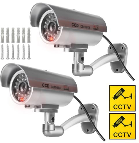 Sporgo Caméra Factice 2 Pièces: Caméra de Surveillance Factice Extérieur avec Lumière LED Rouge Clignotant, Atrappe Caméra de Surveillance Fausse Caméra de Sécurité pour Intérieur et Extérieur (Argent