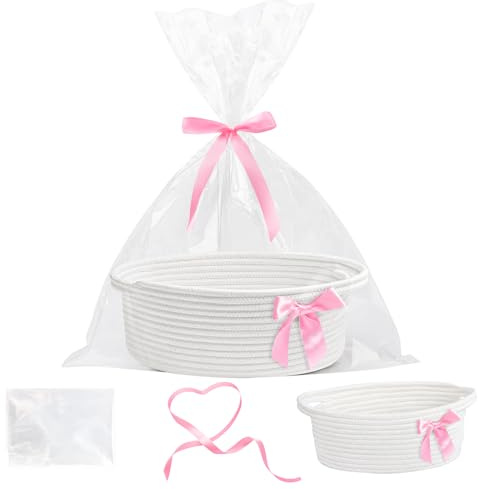 Yiomxhi Paniers Cadeaux Vide à Garnir avec Sac en Cellophane et Ruban, Panier Rangement Tissé avec Poignées, Corbeille de Presentation pour Fêtes Prénatale Mariage Anniversaire Noël (Blanc)